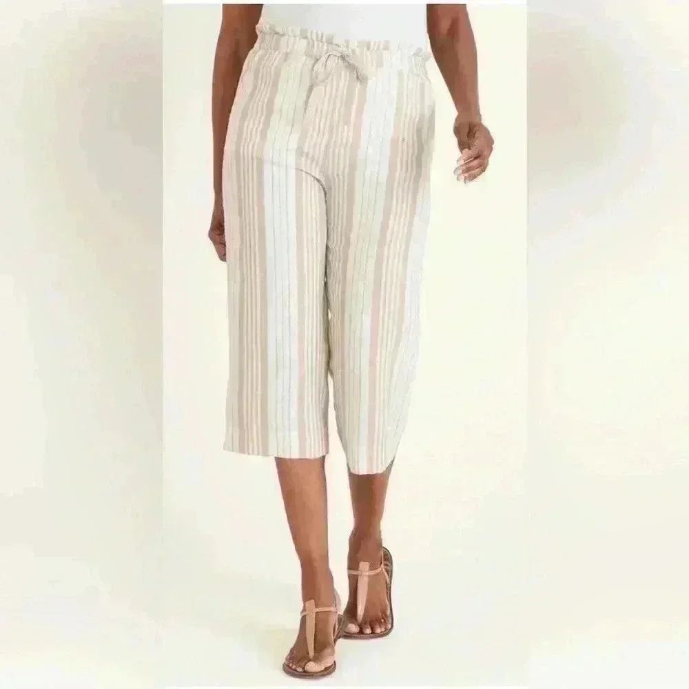 Chico’s‎ Linen Cropped Striped Beige White Pants Pockets Stretch Waist Size 10P